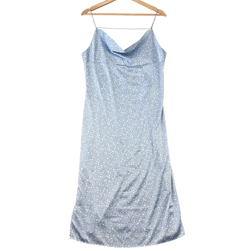 Forever 21‎ Satin Midi Dress Womens L Blue Polka Dot Romantic Cowl Neckline